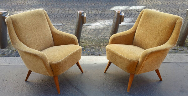 Fauteuil club danois accoudoir vague années 50/60 jaune beige