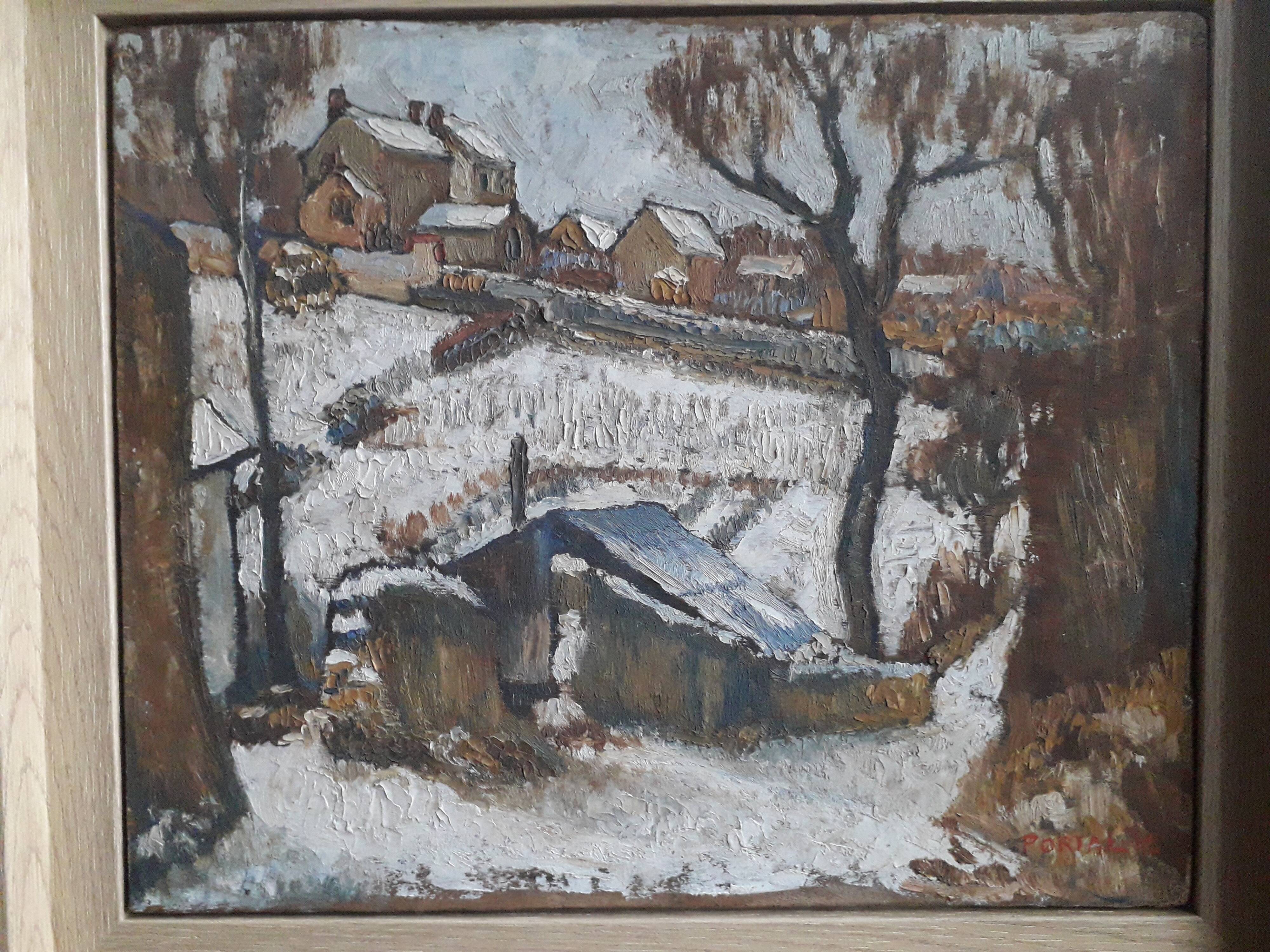 Old oil painting representing a winter landscape