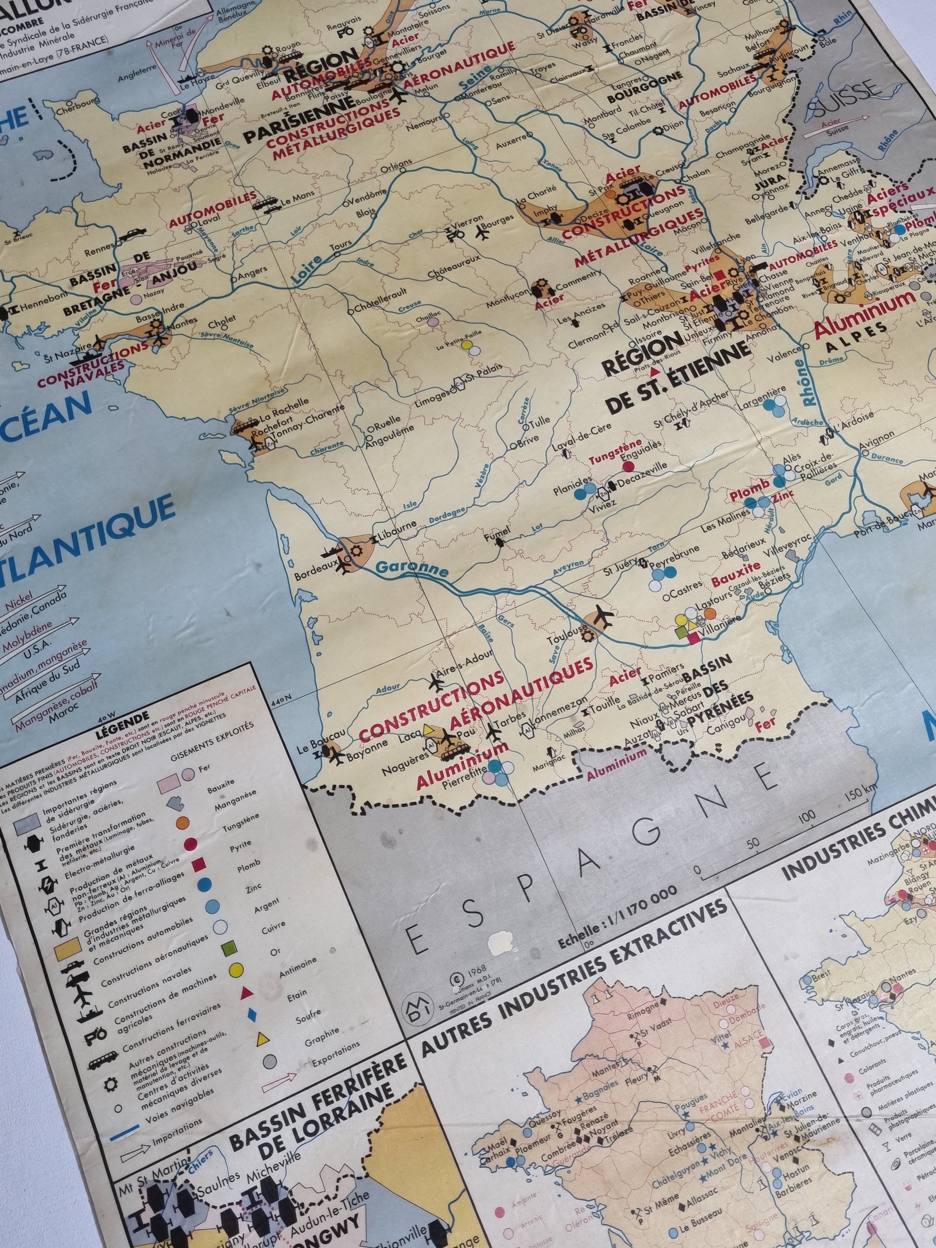 Carte de France pédagogique réversible, MDI, 1968, "Industries métallurgiques", "Sources d'énergie"