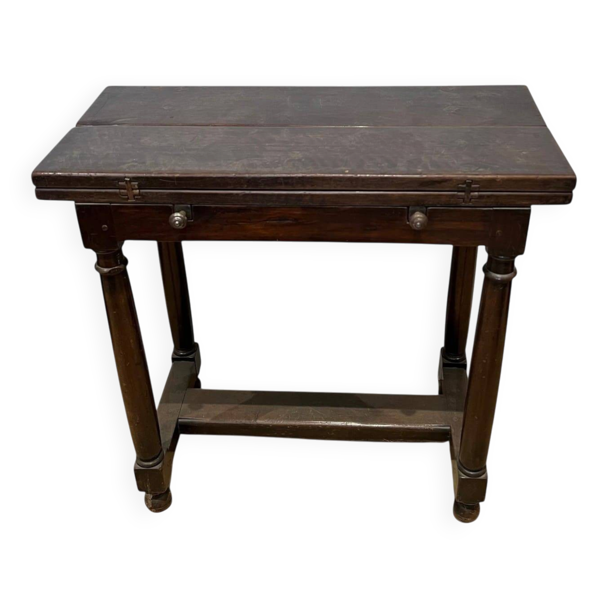 Portuguese Table with Folding Top in Walnut with Detached Columns and Stretcher