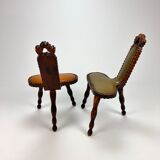 Set of 2 mid century brutalist oak tripod stools, 1960s