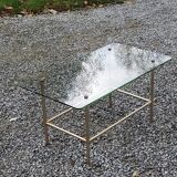 Vintage coffee table in gold and blackened metal with glass top from the 60s