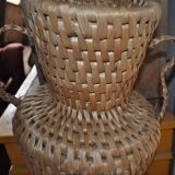 Large beige (wheat) woven wicker floor vase, Mid-Century style from the 1940s.
