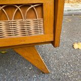 Commode scandinave en chêne et rotin des années 60