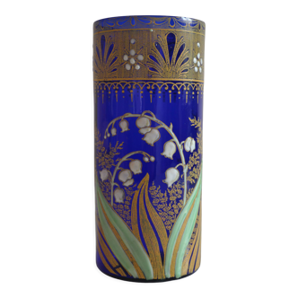 Legras vase jugendstil art nouveau glass blue enamel decor lily of the valley