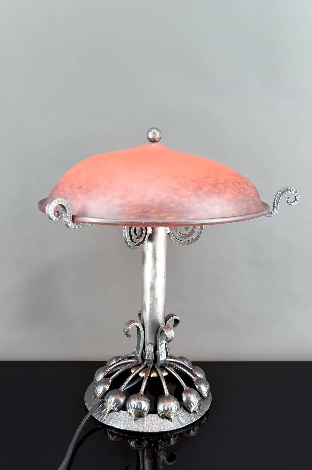Important Stylized Wrought Iron Lamp with Glass Dome, c. 1930