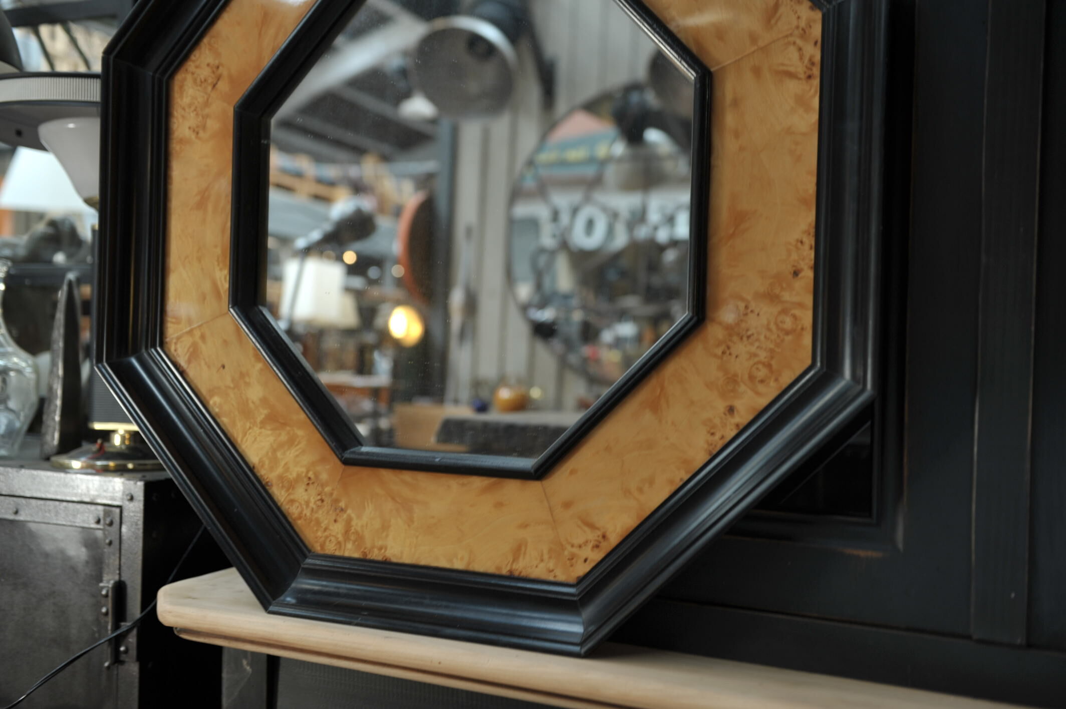 Octagonal vintage wooden mirror of the 1970s - 72cm