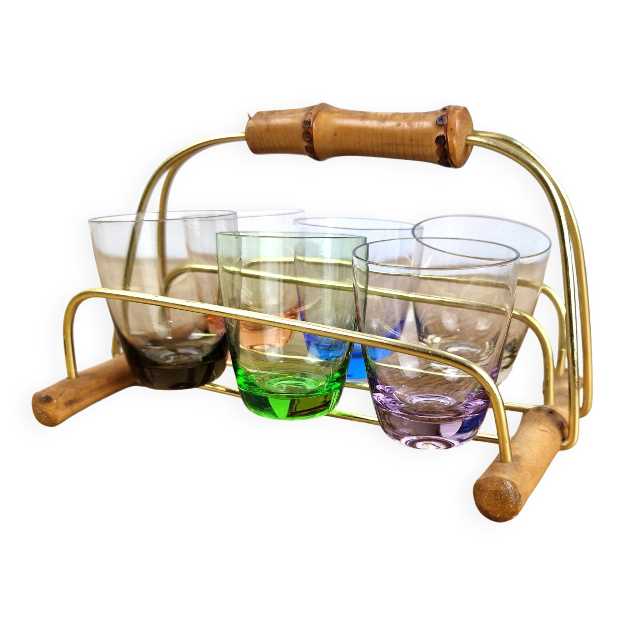 6 Old multicoloured liqueur glasses with bamboo stand