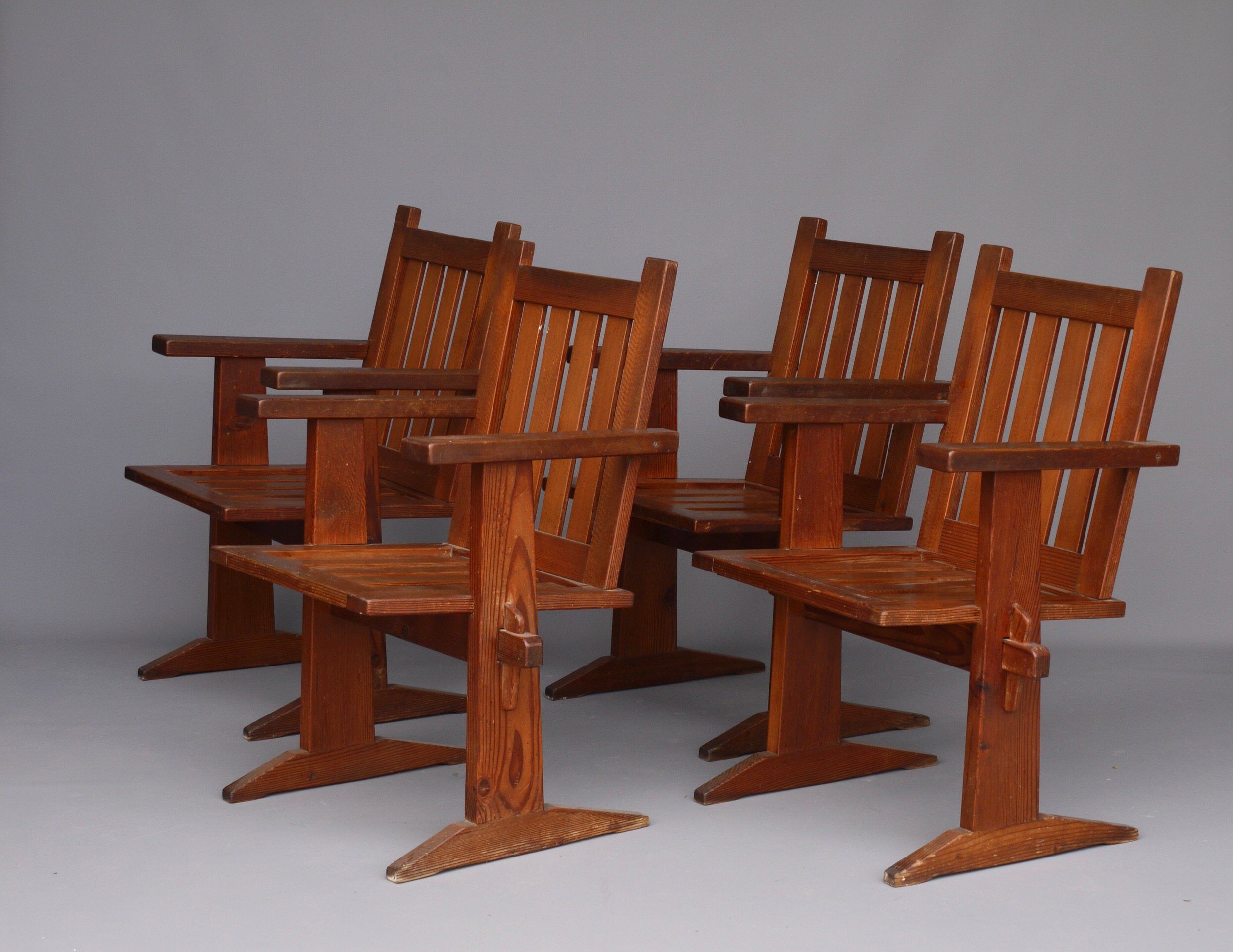 Set of four pine Scandinavian armchairs 1930