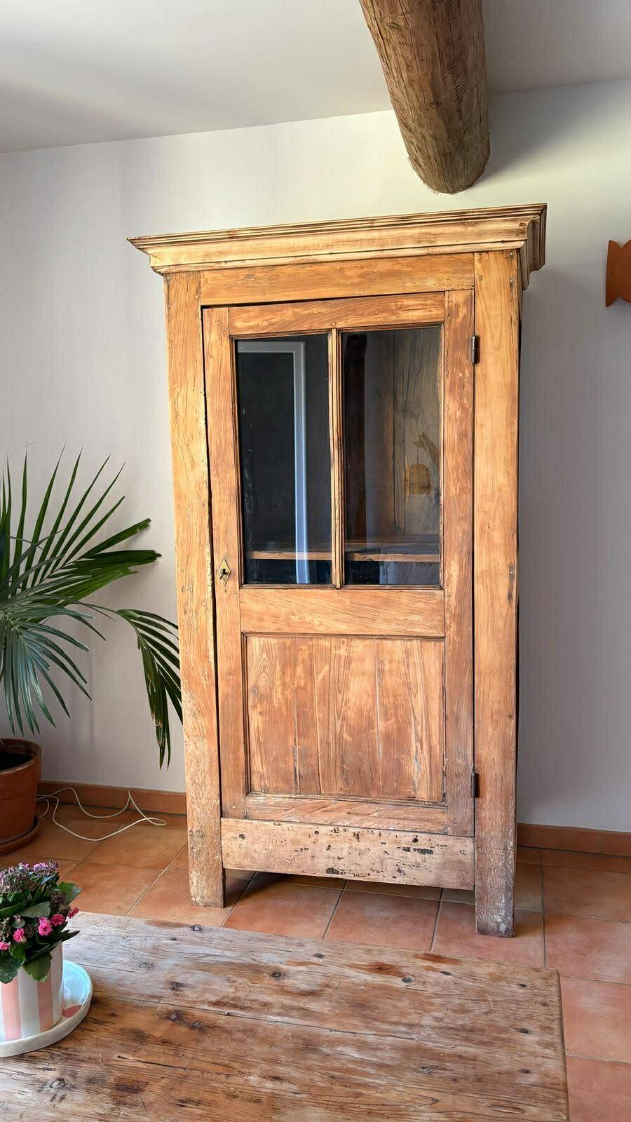 Antique bonnetière, stripped solid wood — honey patina — Provençal farmhouse style.