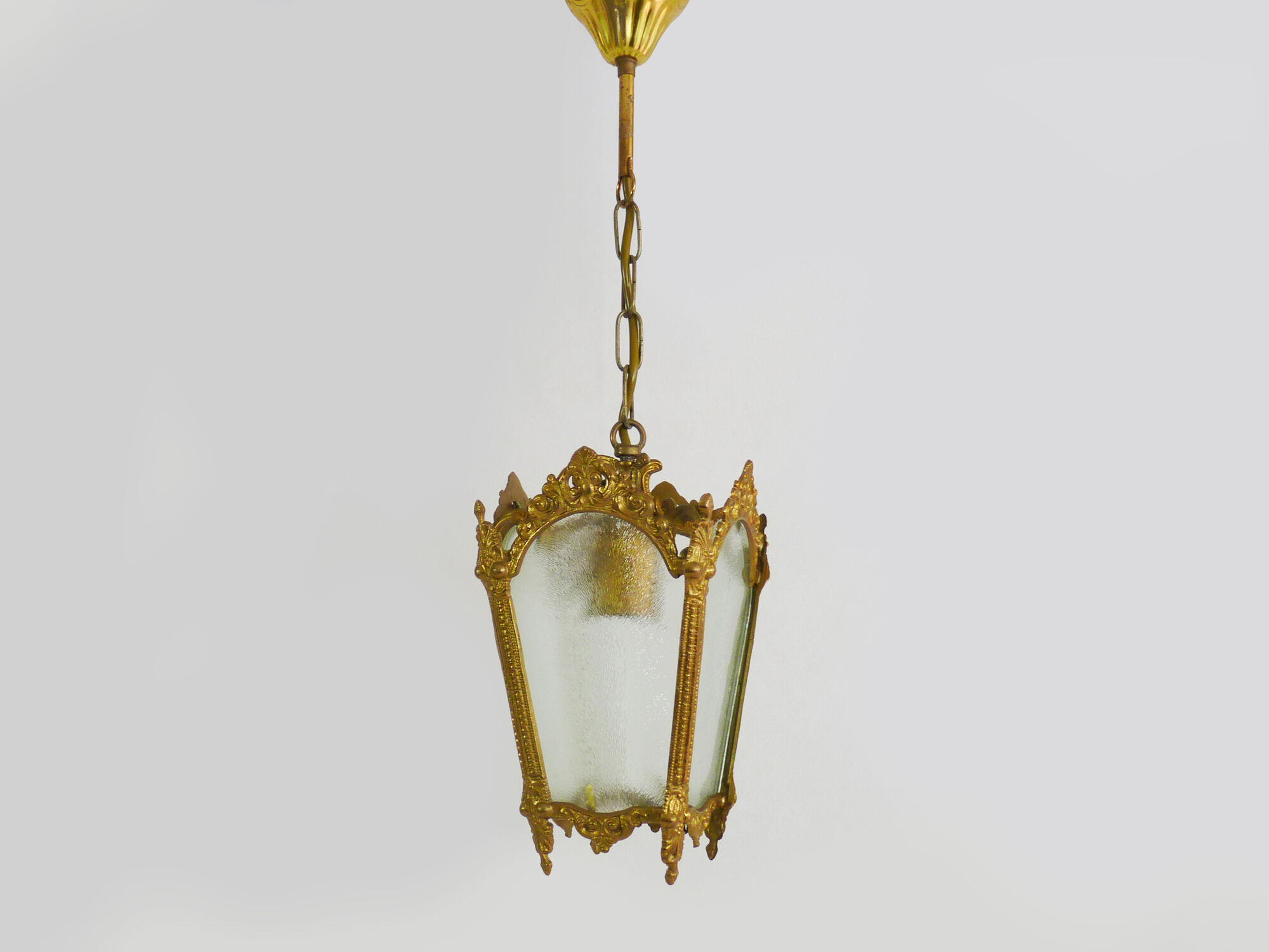 Old lantern with 4 faces in glass, chandelier in gilded bronze and glass, year 60
