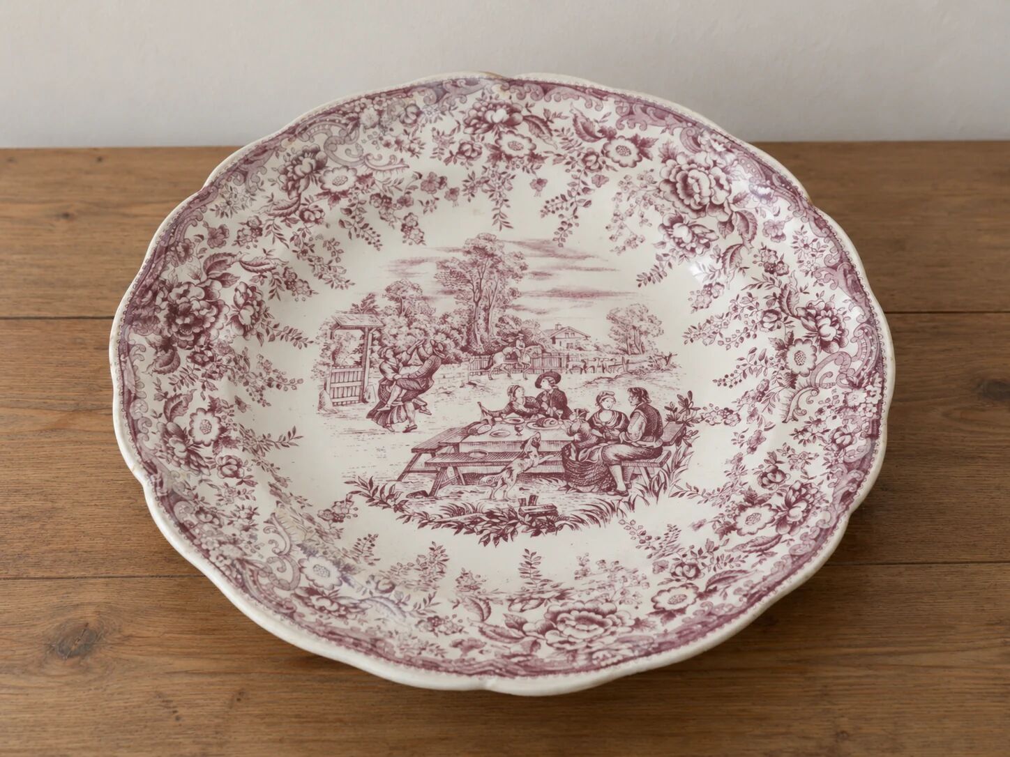 Large vintage shallow dish Lunéville KG – French earthenware, purple country decor – 30 cm