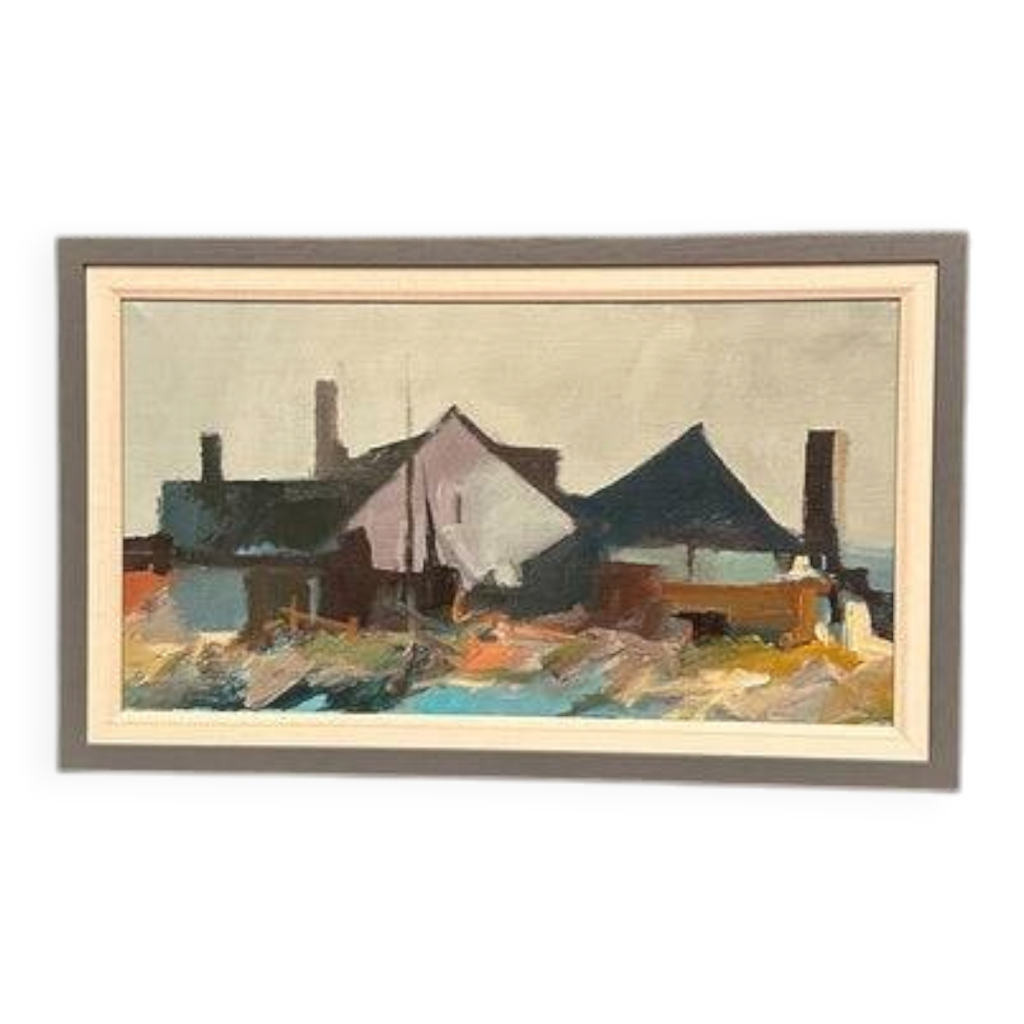 Huile sur toile originale suédoise – « Cabanes sur la côte » (Attribuée à Kai C.)