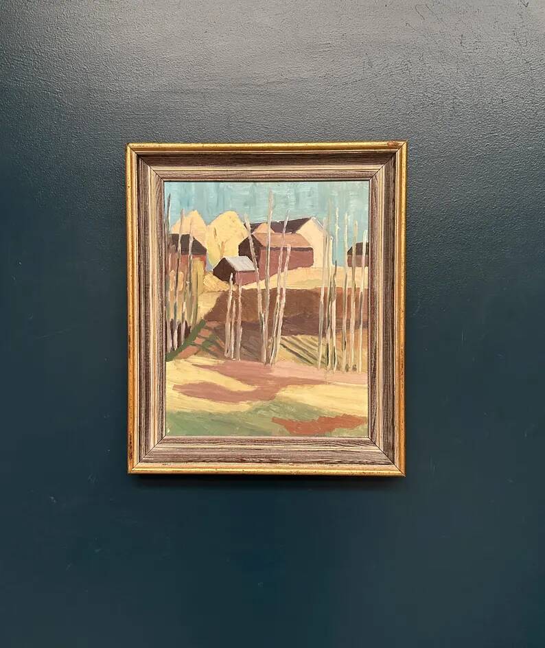 Original Swedish Oil on Panel – "Huts Behind the Trees" – Signed – Vintage & Framed – 51 × 43 cm (20.1" × 16.9")
