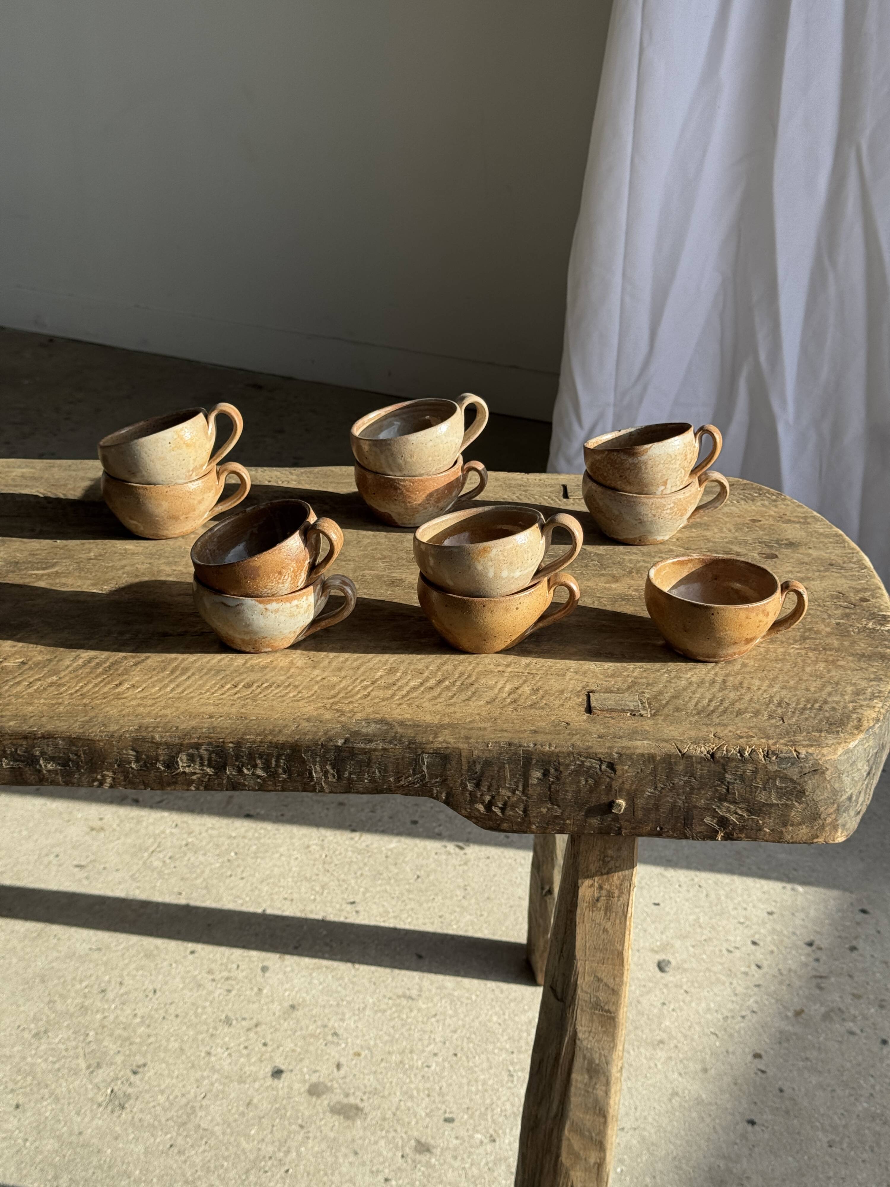 Set of 11 vintage coffee cups, raw matte stoneware H11