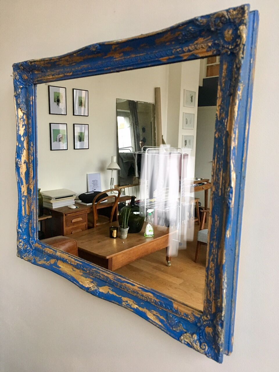 Antique mirror Louis Philippe style blue and gold patinated 58x48cm
