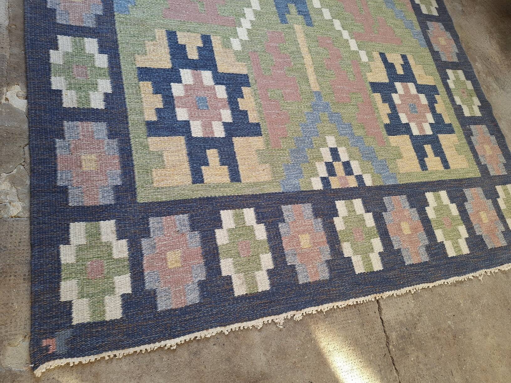 Mid century Scandinavian rug, Swedish wool flatweave with geometric design