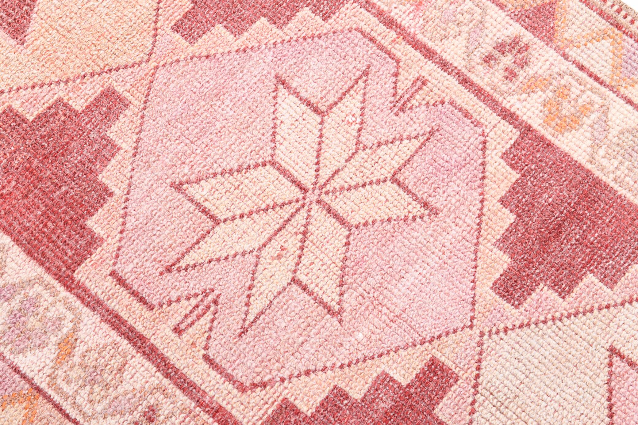 3x13 Rug For Kitchen Red Beige Oushak Vintage Runner Rug, 83x386Cm