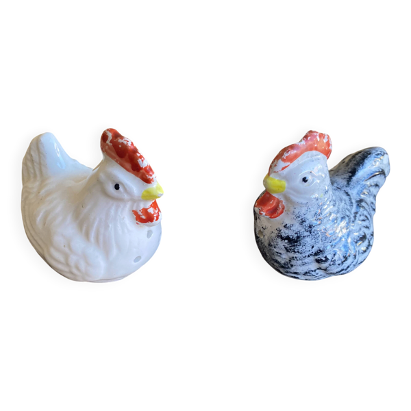 Salière & Poivrière Forme Poule & Coq Céramique Made In France Vintage