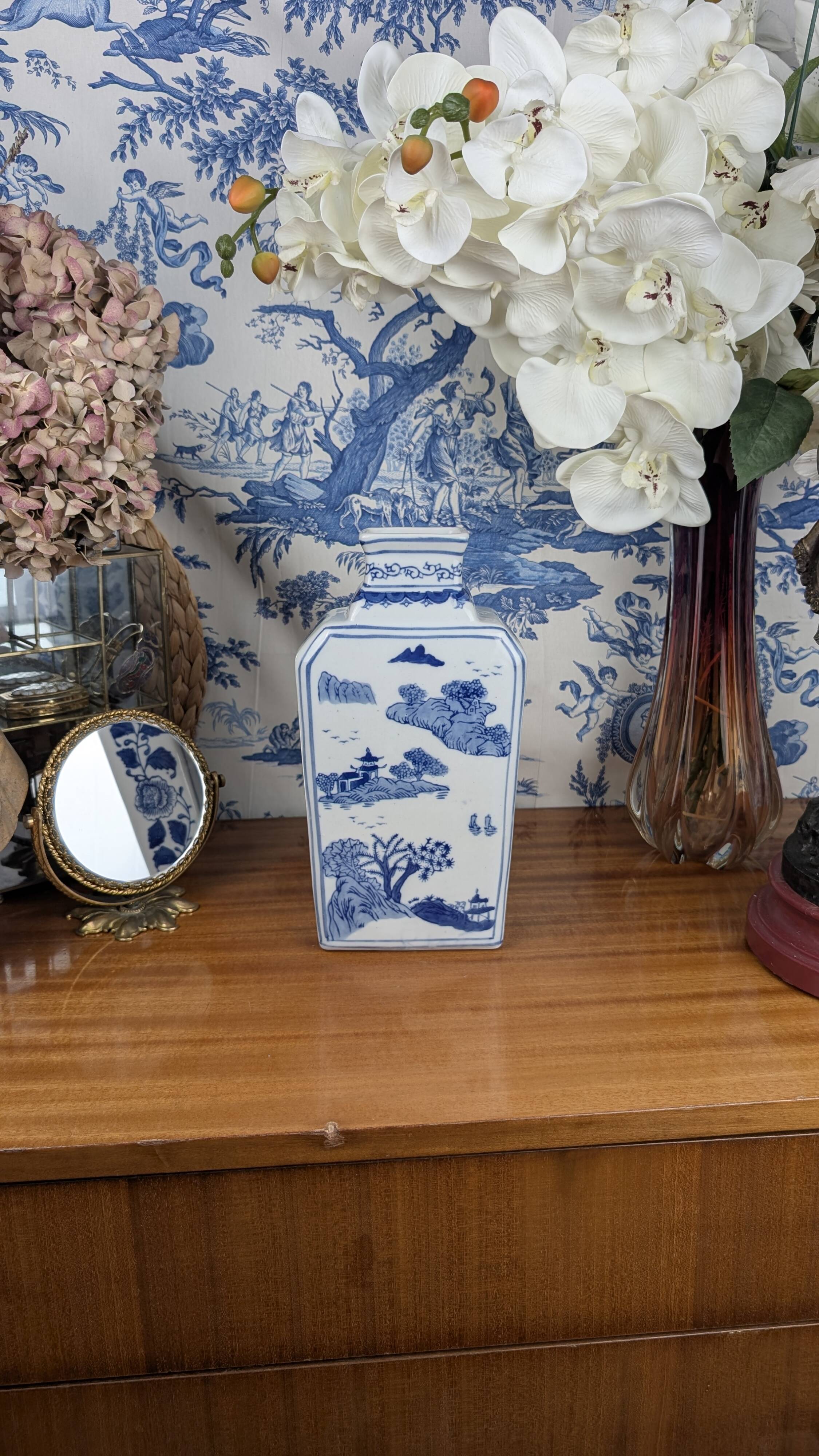 Rectangular Hue Blue Vase Vietnamese Landscape Decor 20th Century