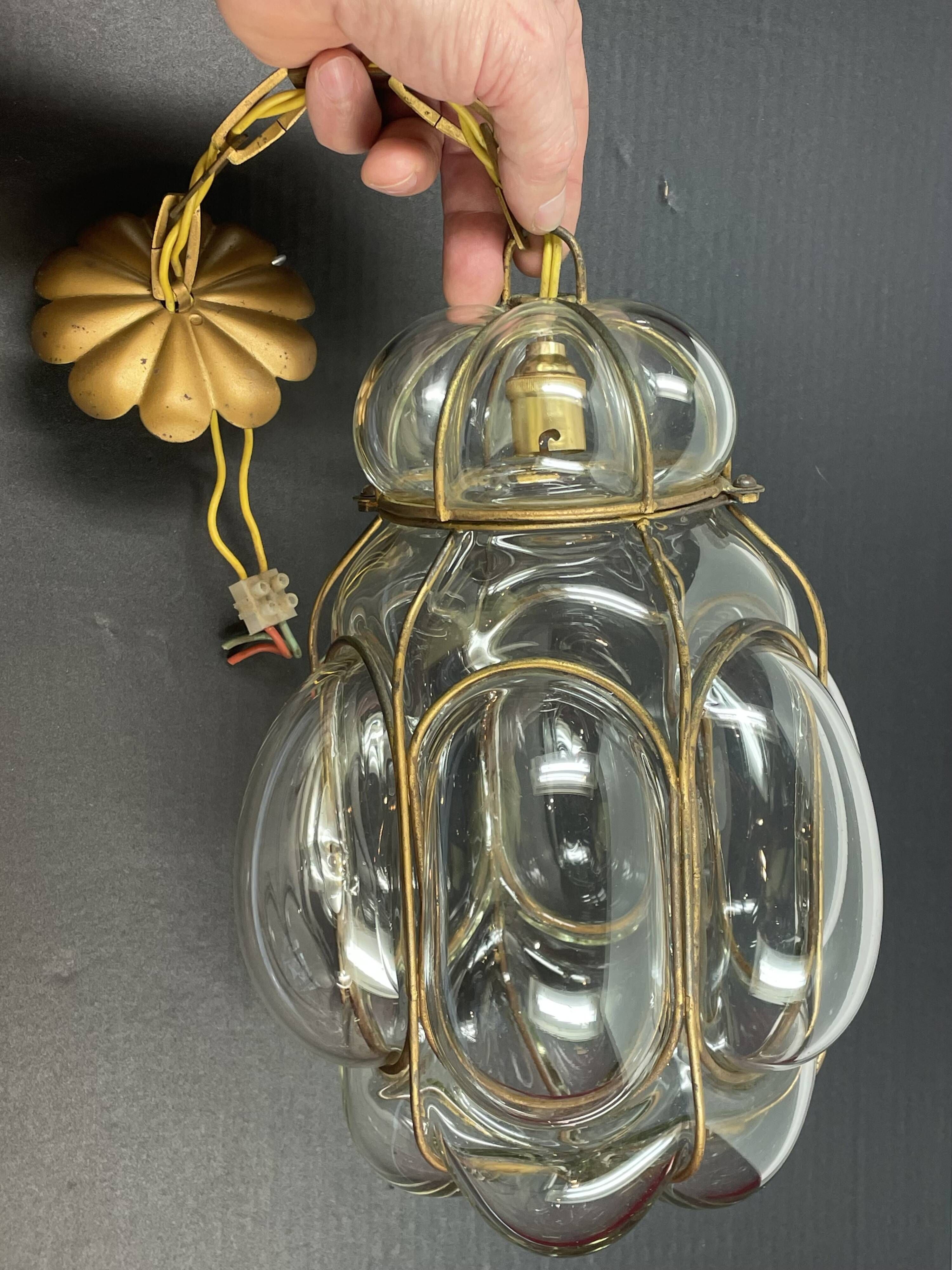 Old Venetian blown glass chandelier, Murano lighting fixture in wrought iron structure