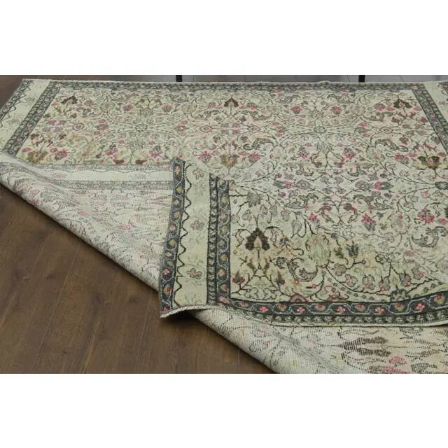 1970s Vintage Turkish Oushak Handmade Wool Cotton Cream Area Rug 165x206