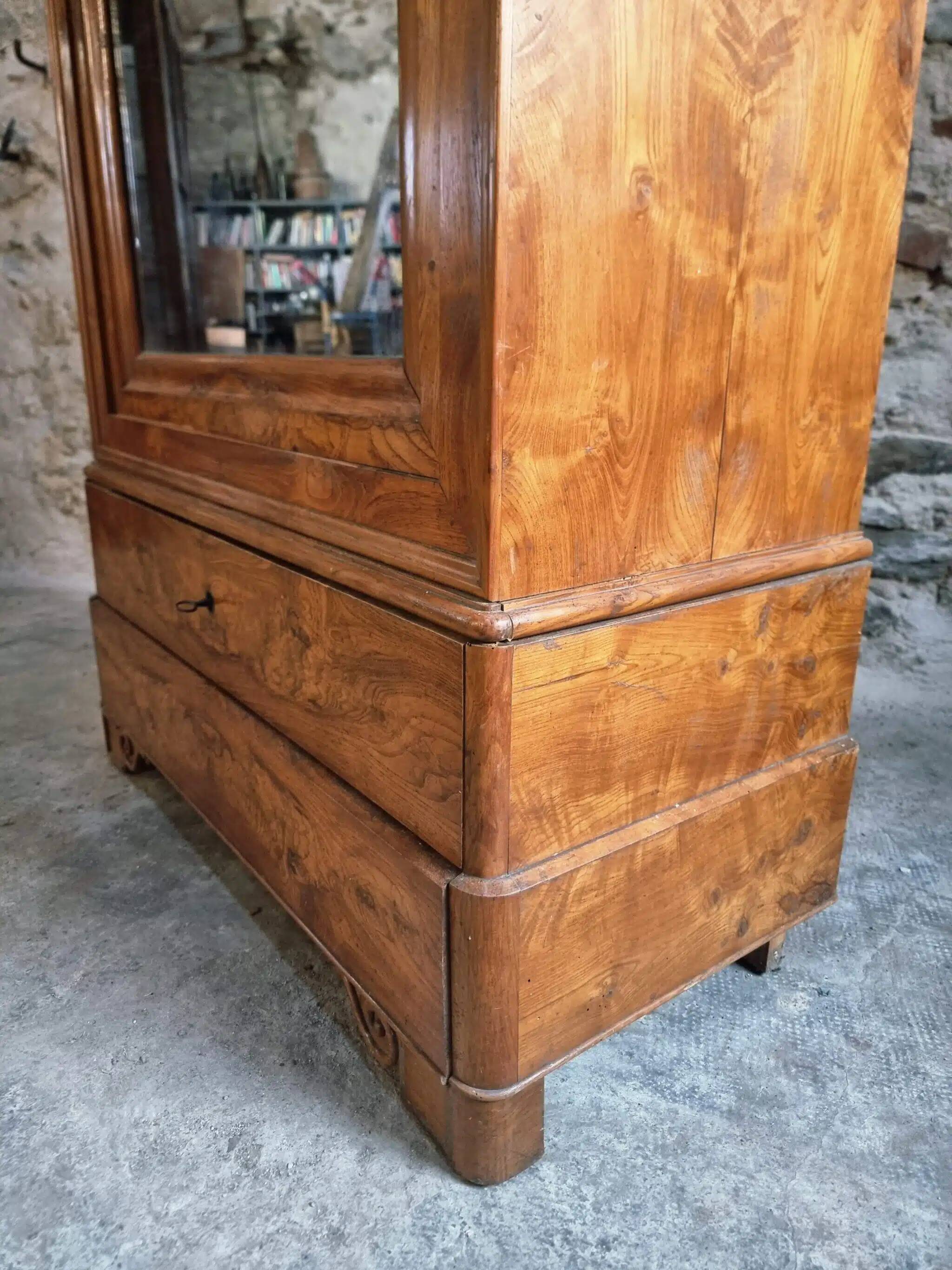 Antique French Louis Philippe wardrobe / wardrobe – elm and oak, mirrored door, 19th century