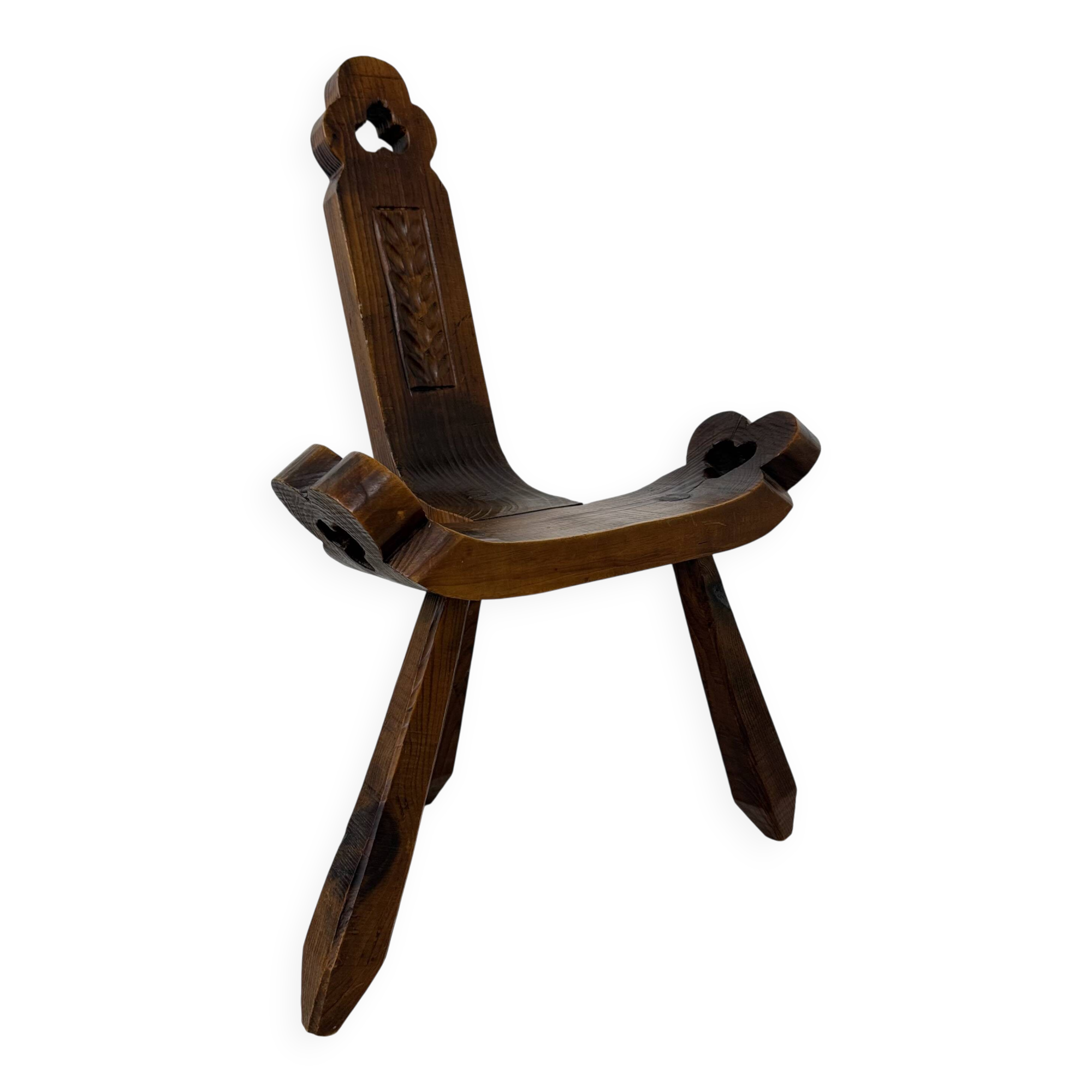 Brutalist hand carved oak Spanish tripod chair , 1970s
