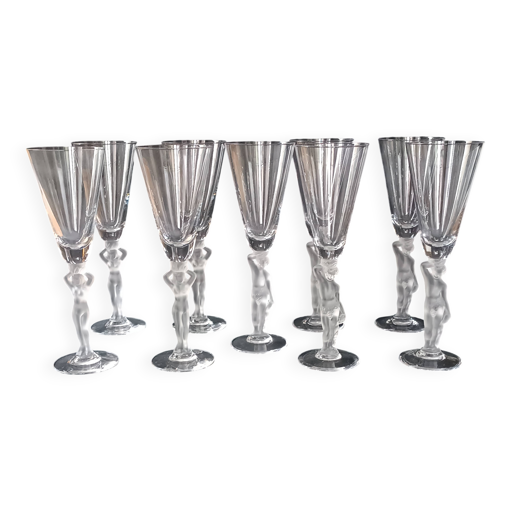 Set of 9 crystal flutes with Venus and Bacchus foot, Vannes and Bayel