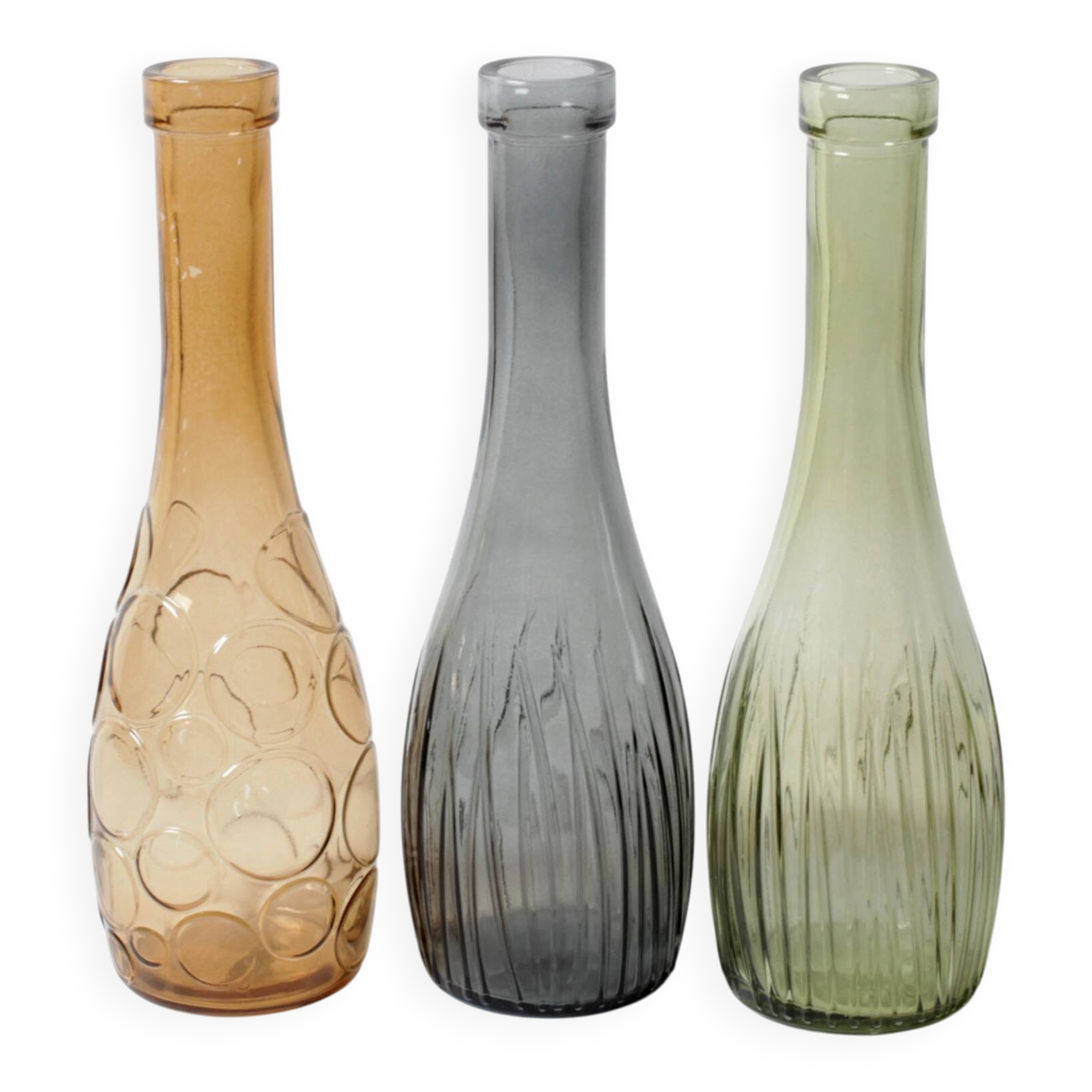 Set of 3 Grey, Green and Amber Glass Vases / Colored Bottles / Ikea / 2000s