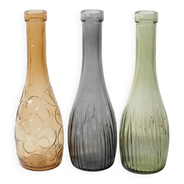 Set of 3 Grey, Green and Amber Glass Vases / Colored Bottles / Ikea / 2000s