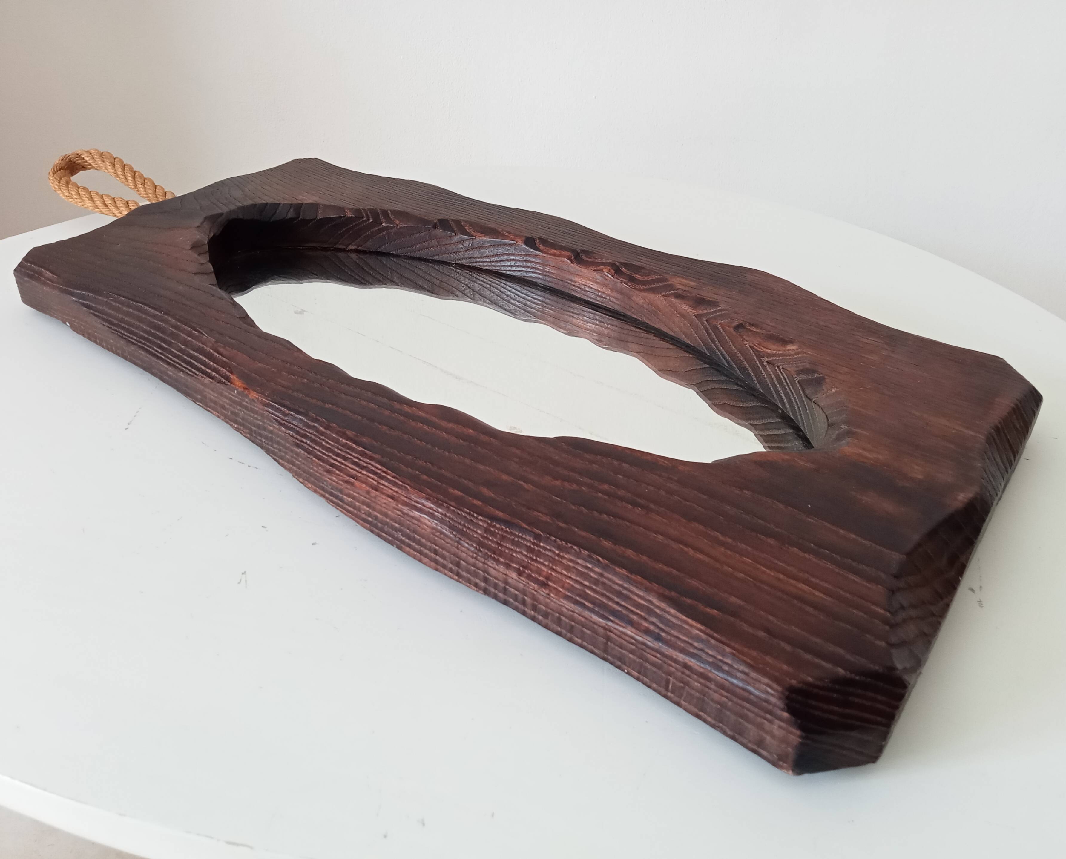 Brutalist antique mirror in solid wood from the 1950s/60s.