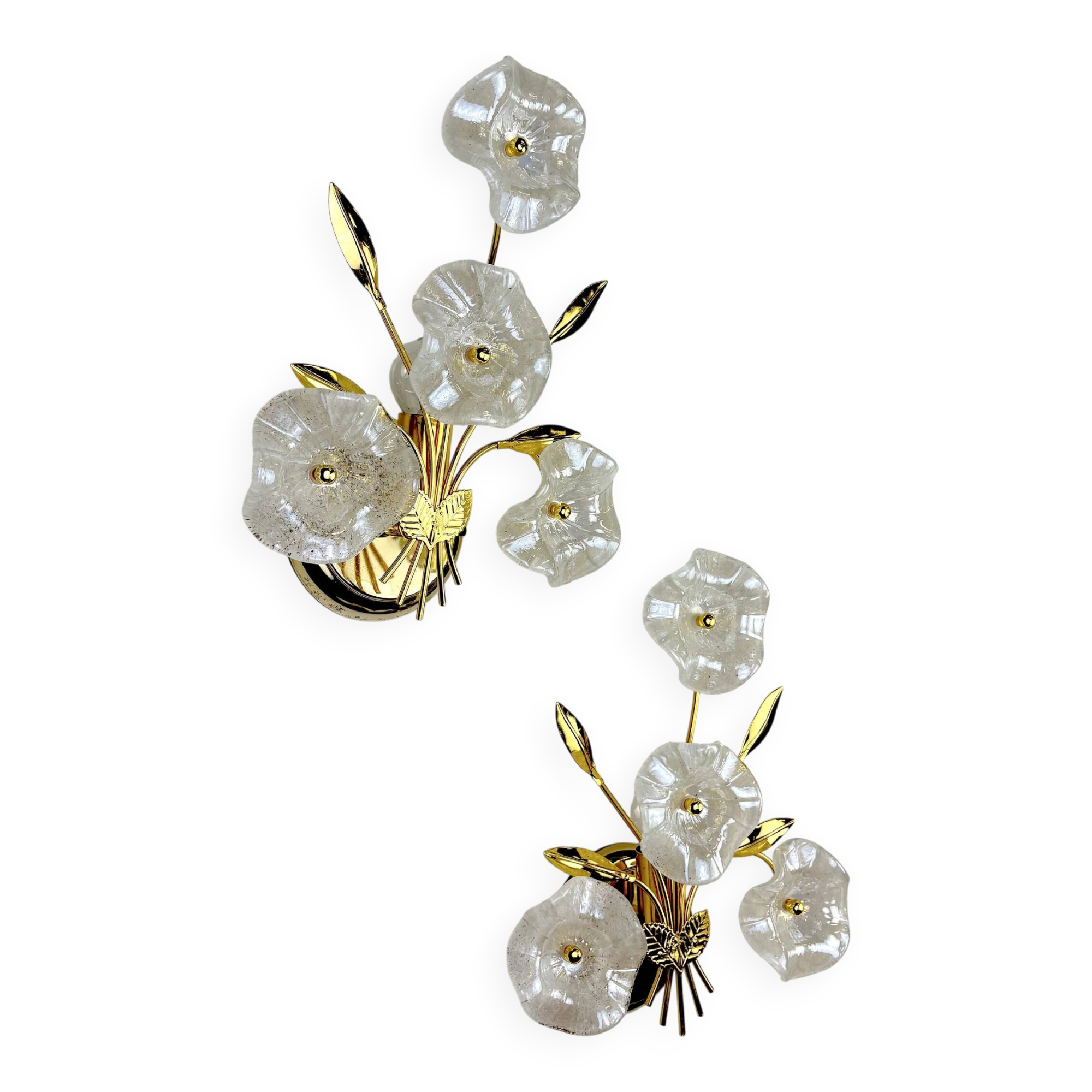 Pair of hibiscus floral sconces, frosted Murano glass, Italy, 1970s