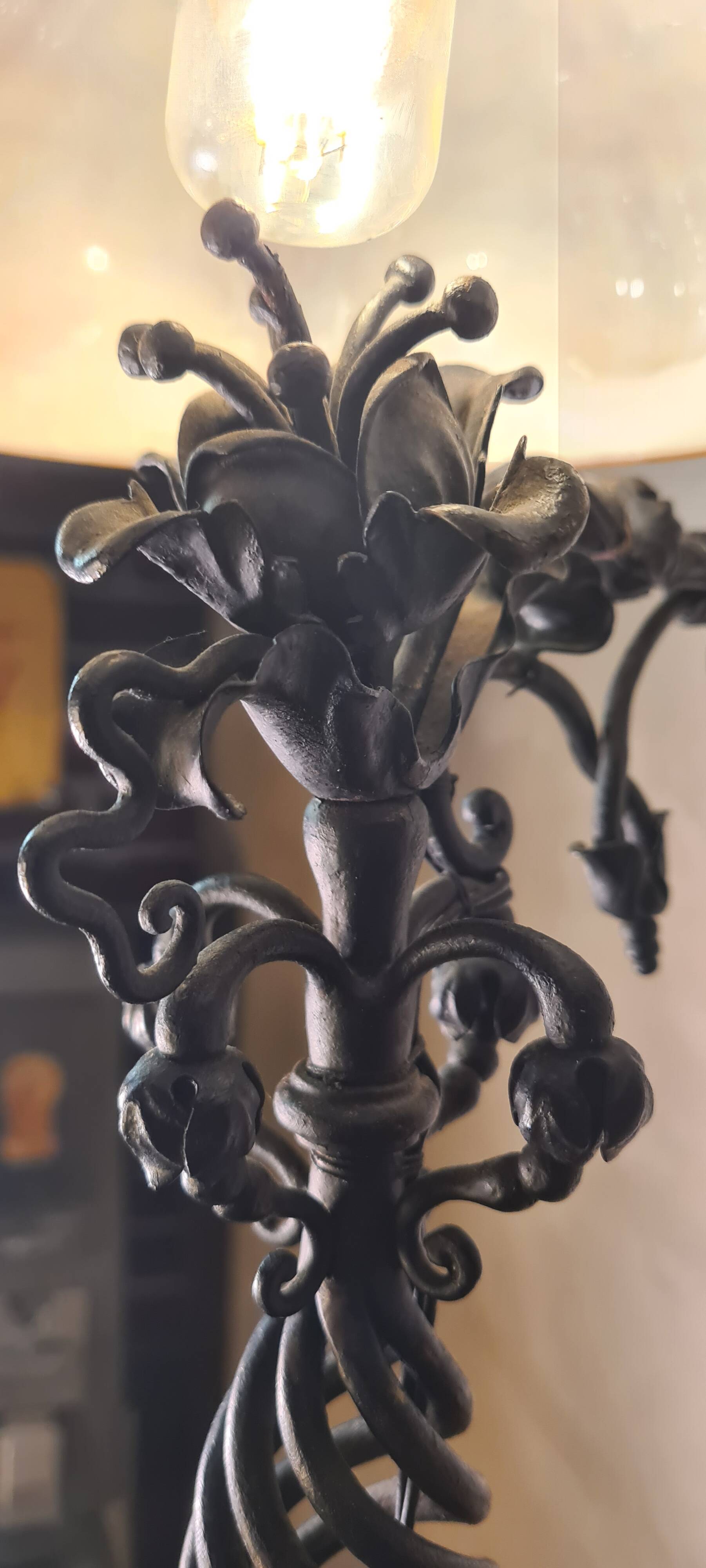large wrought iron work lamp Andalusian style 1900 marbled opaline,,,, 49x25 magnificent and rare