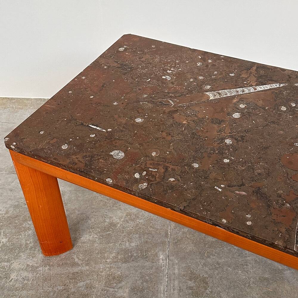 1970s modernist fossil marble coffee table with wooden base