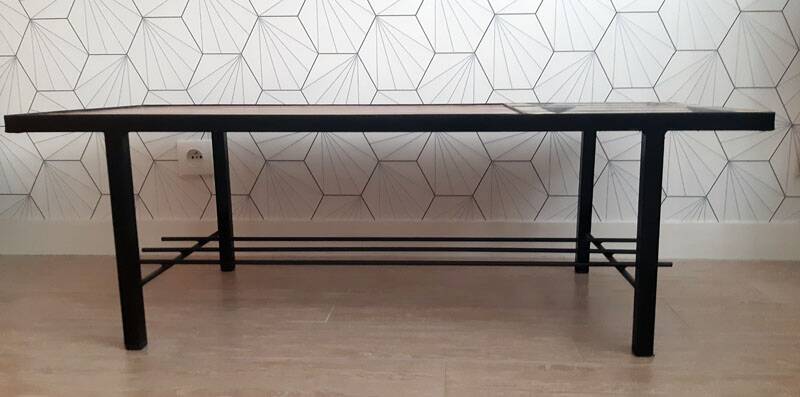 Vintage coffee table in ceramic, wood, and metal.