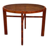 Vintage Art Deco round side table with cane top and walnut wooden frame, 1930s