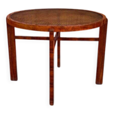 Vintage Art Deco round side table with cane top and walnut wooden frame, 1930s