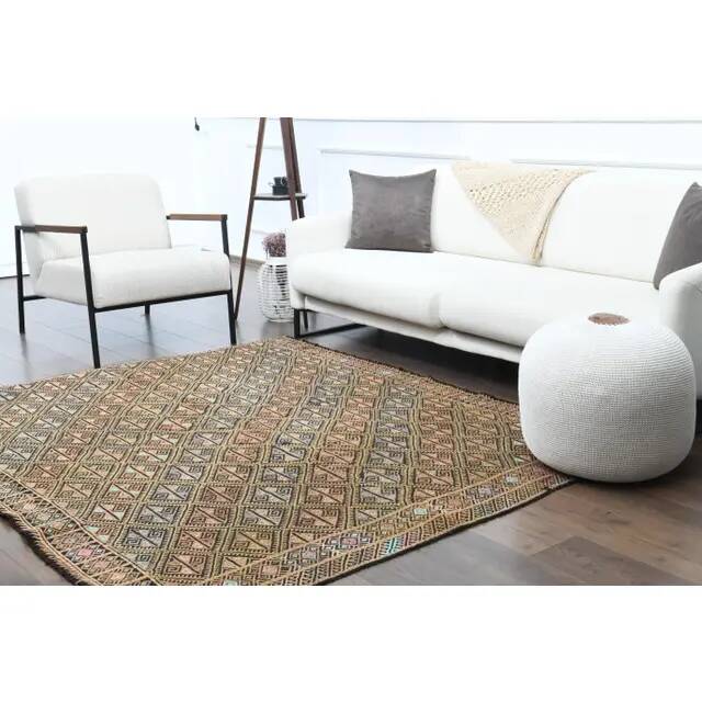 1970s vintage Turkish Oushak handmade wool cotton beige runner rug 185x212
