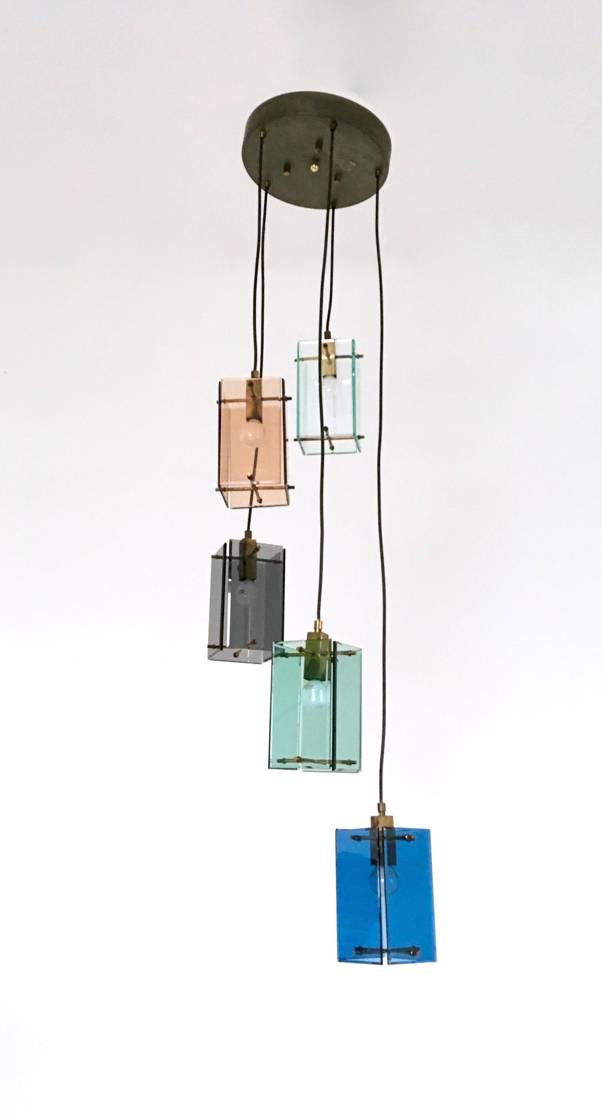 Five Light Colored Glass Brass Chandelier Pendant