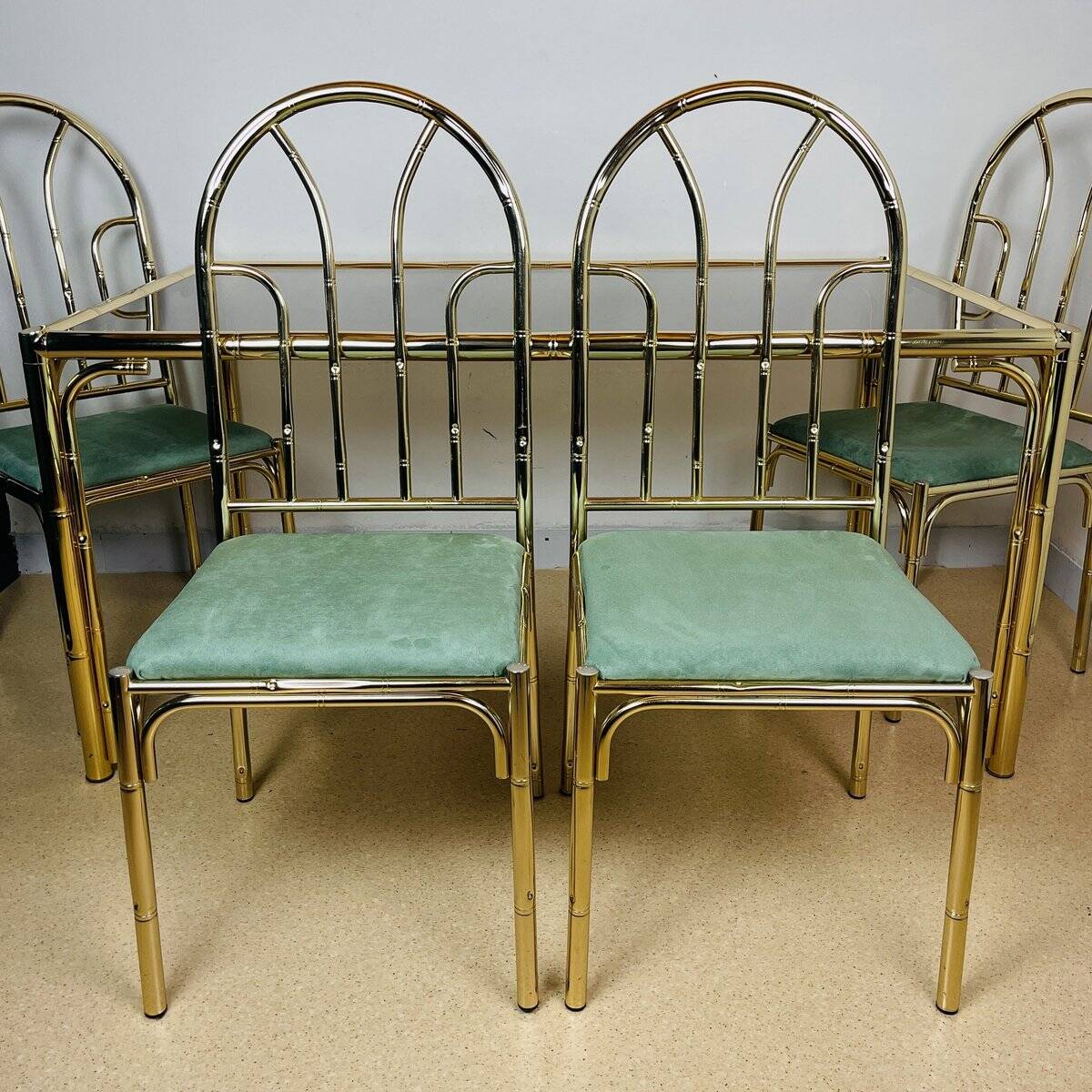 French vintage dining set in imitation bamboo brass with 4 chairs and table, 1970s, set of 5.