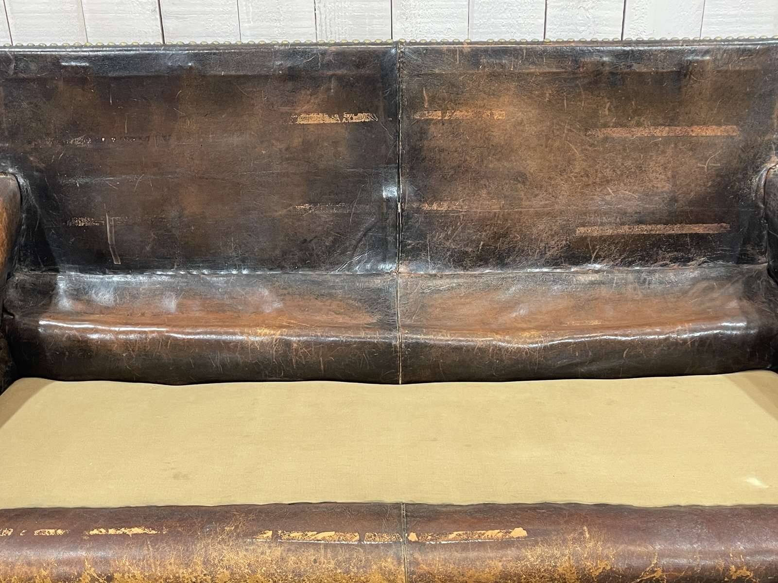 Early 20th century leather club sofa - seat and back in modern fabric