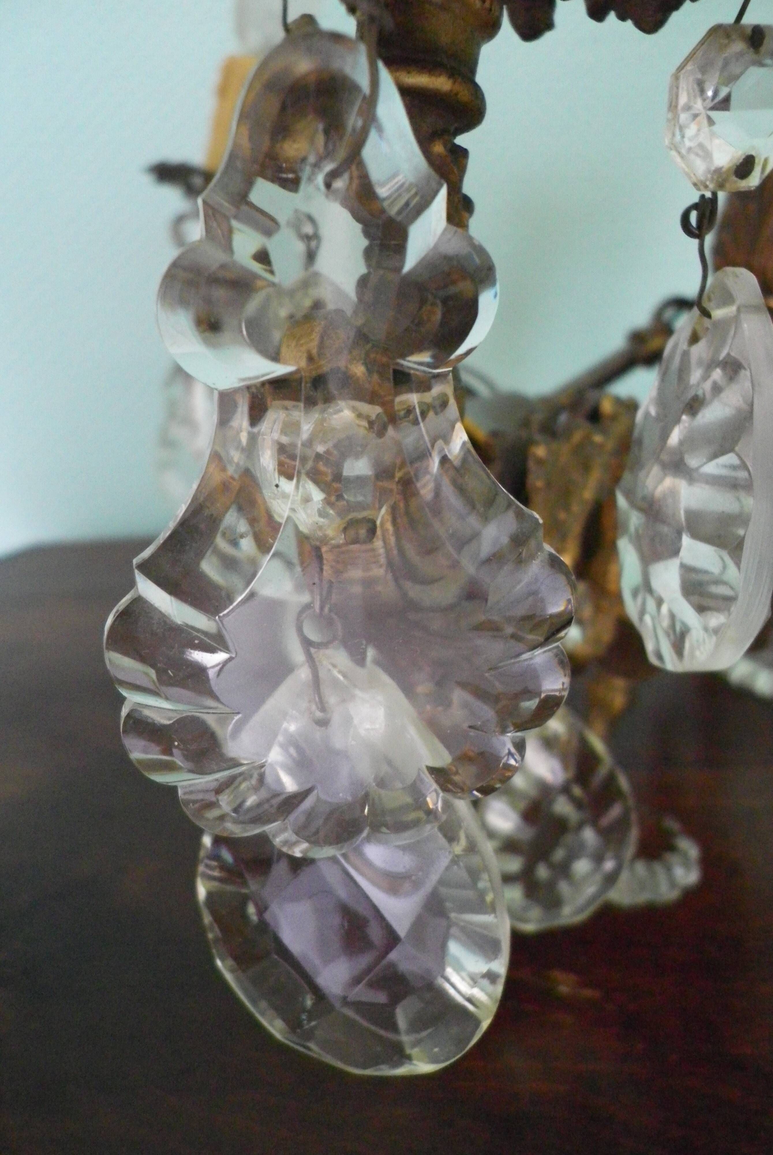 Rococo chandelier with crystal pendants, 4 lights, brass and metal 1950/1960