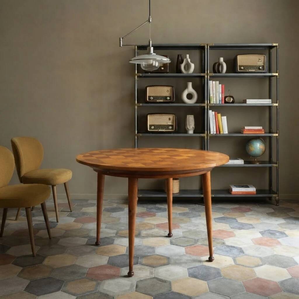 Vintage beech veneer table, checkerboard effect, Italian design from the 1950s.