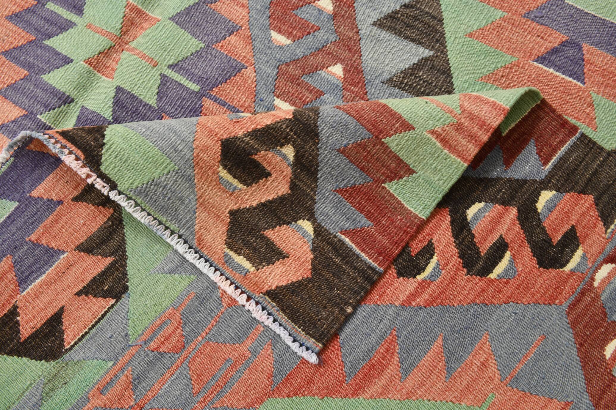 6x9 Green & Salmon Geometric Kilim Rug, 177x266Cm