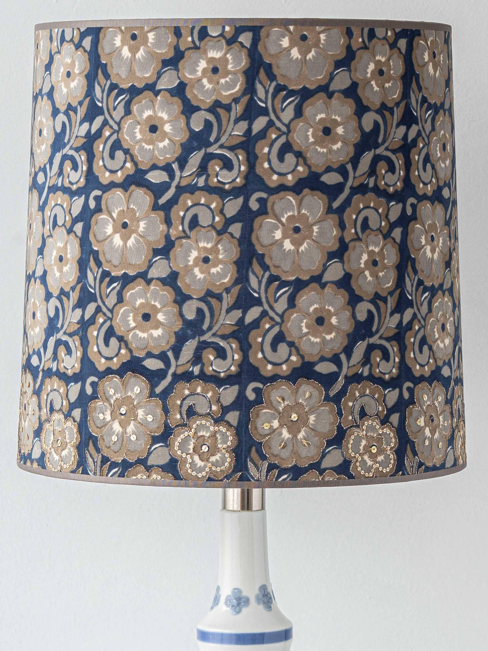 Blue and white porcelain table lamp by Lladró with floral shade in new silk.