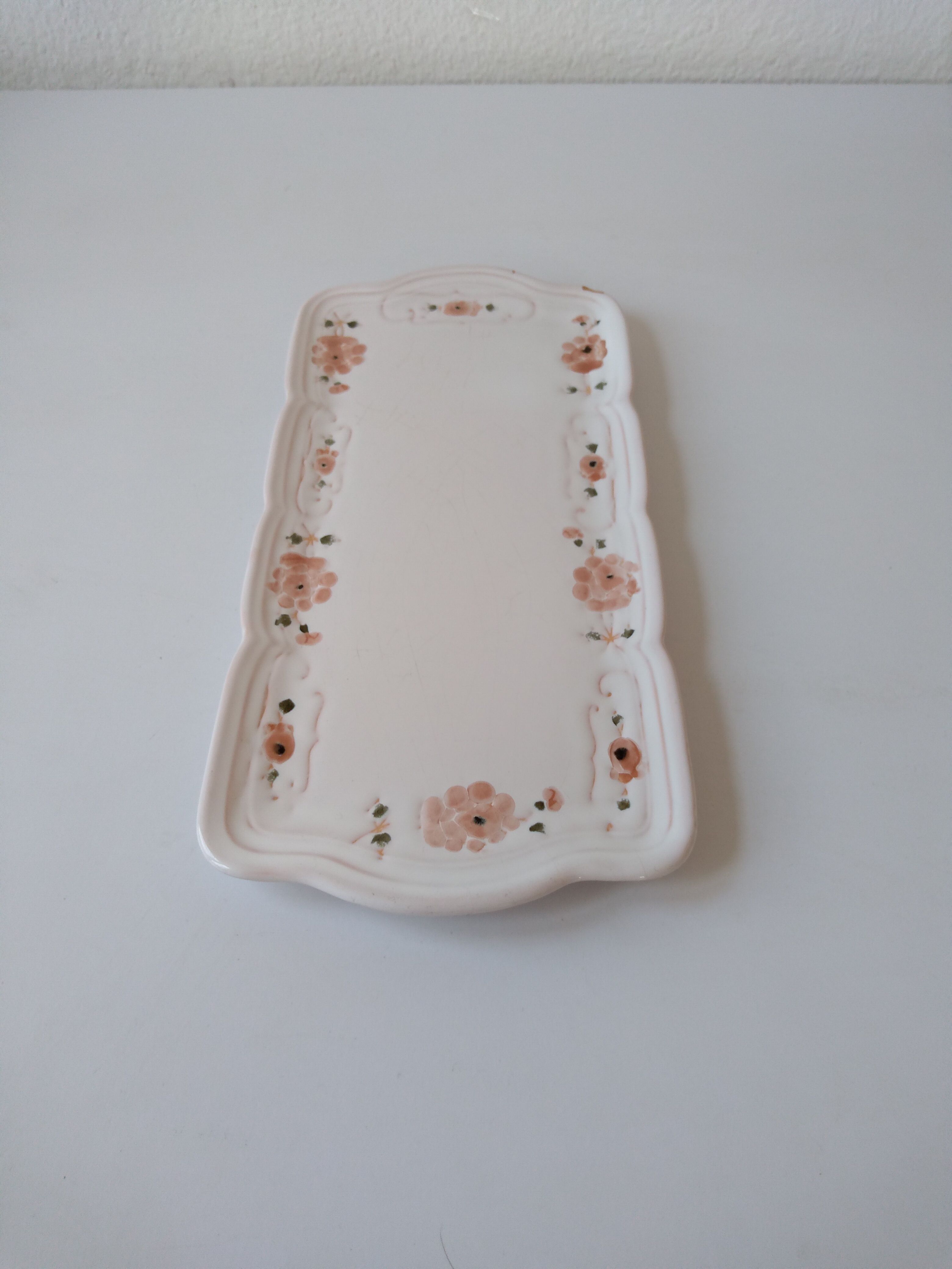 Antique dish in white ceramic and pink spring flowers Niderviller France