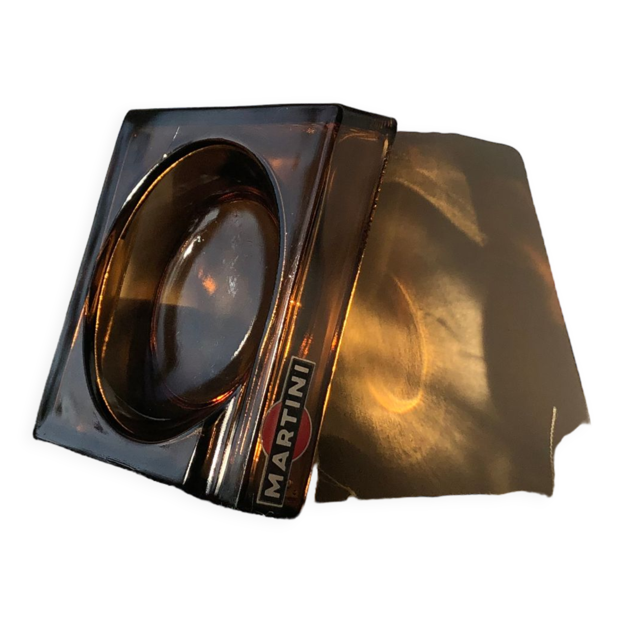 Square advertising ashtray of the Martini brand in smoked glass, elegant and retro style.