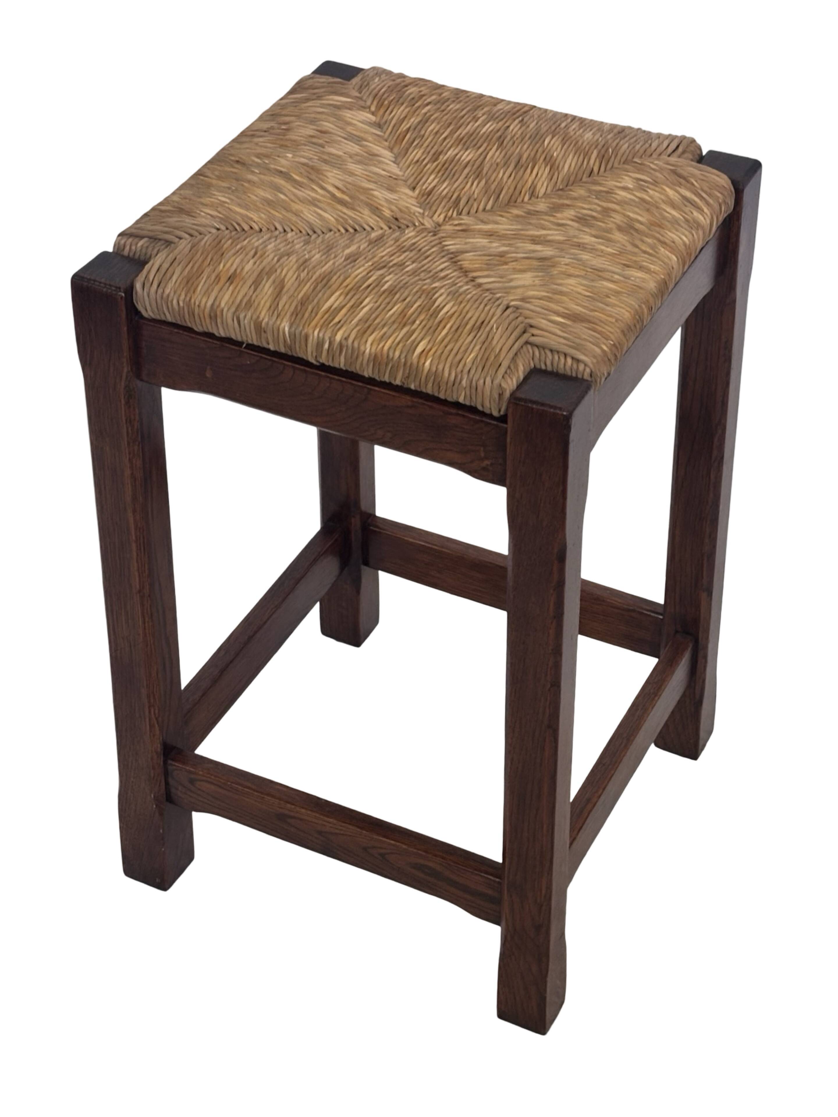 Vintage rattan stool with oak, 60s wabi sabi design, minimalist