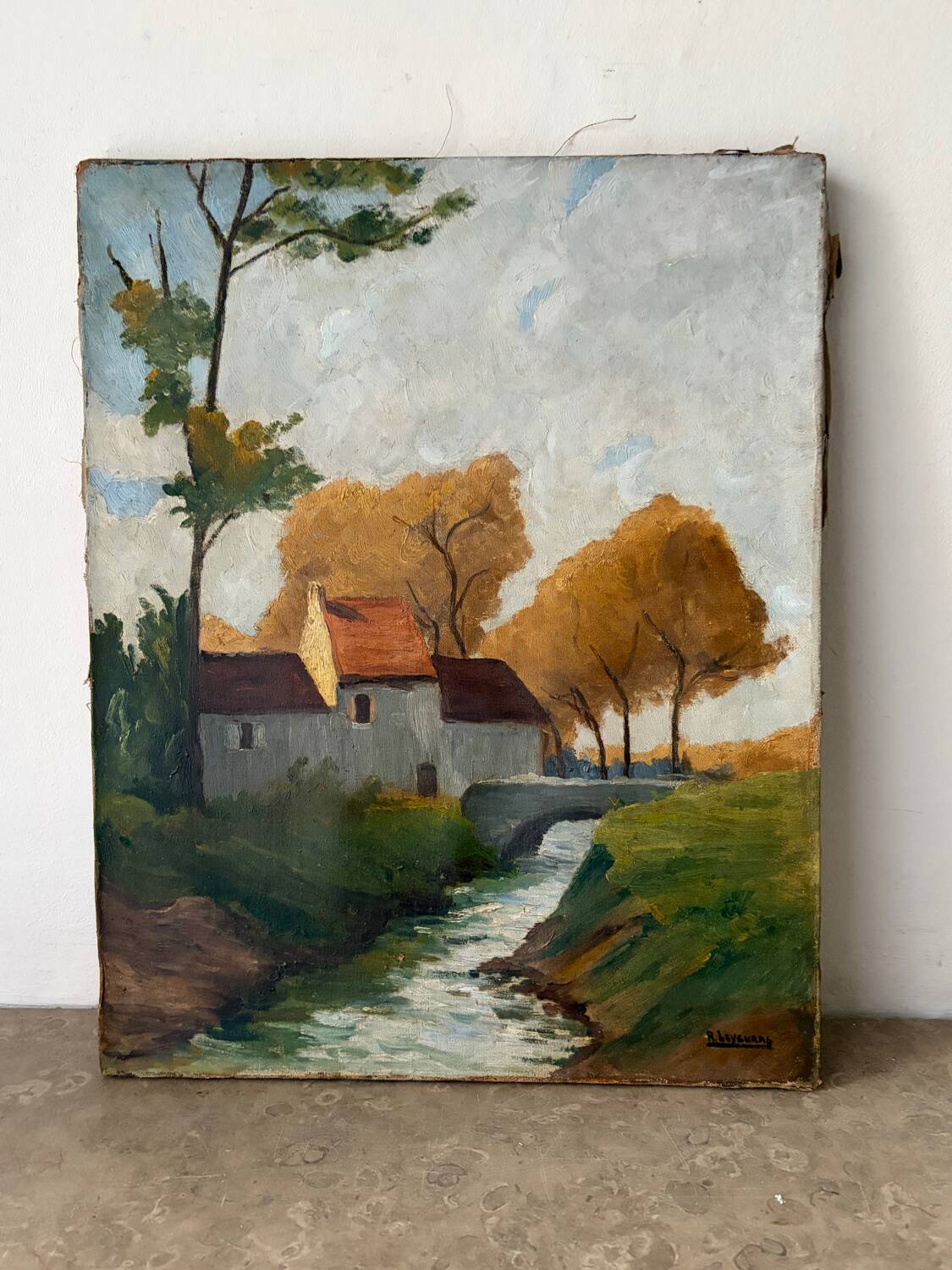 House by the river, oil on canvas signed
